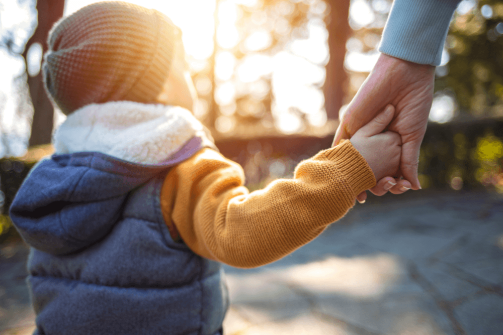 A child in a colorful sweater and hat holds hands with an adult. They are walking through a sunny, outdoor setting with soft light filtering through trees, suggesting warmth and connection.