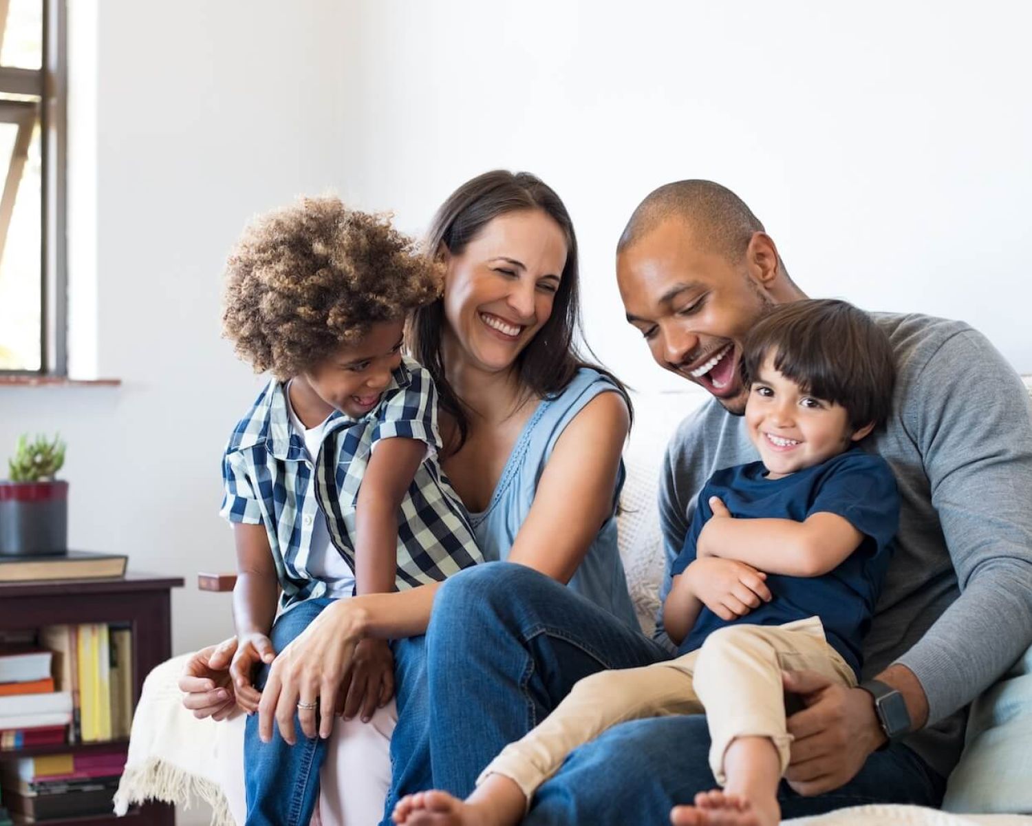 happy family on couch