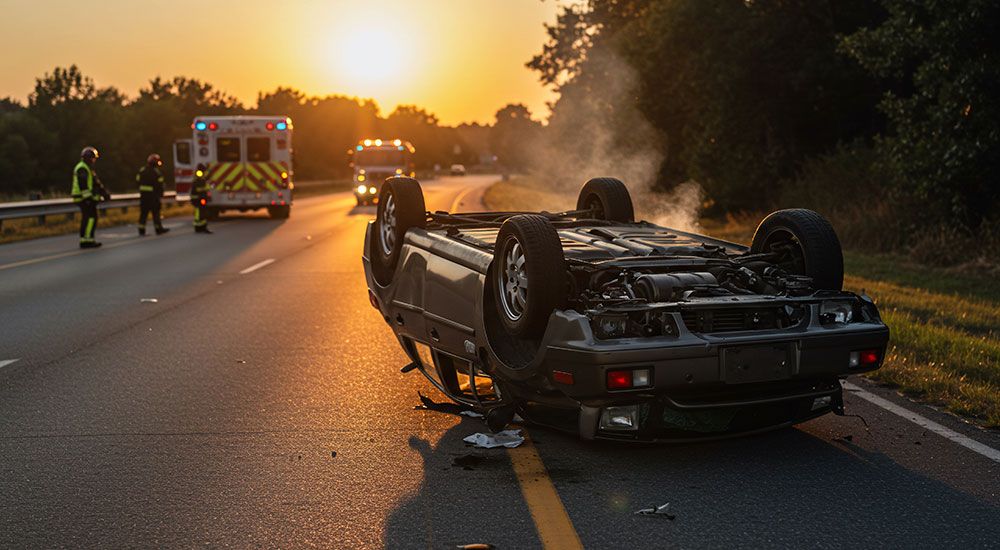 Overturned car on a highway at sunset with emergency responders and vehicles in the background.