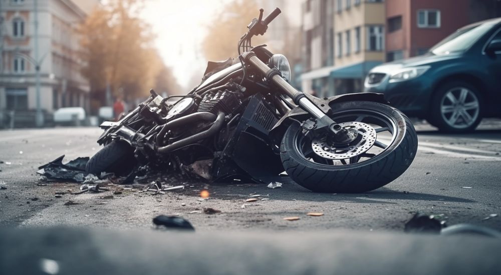 Fragments of a broken motorcycle on the pavement.