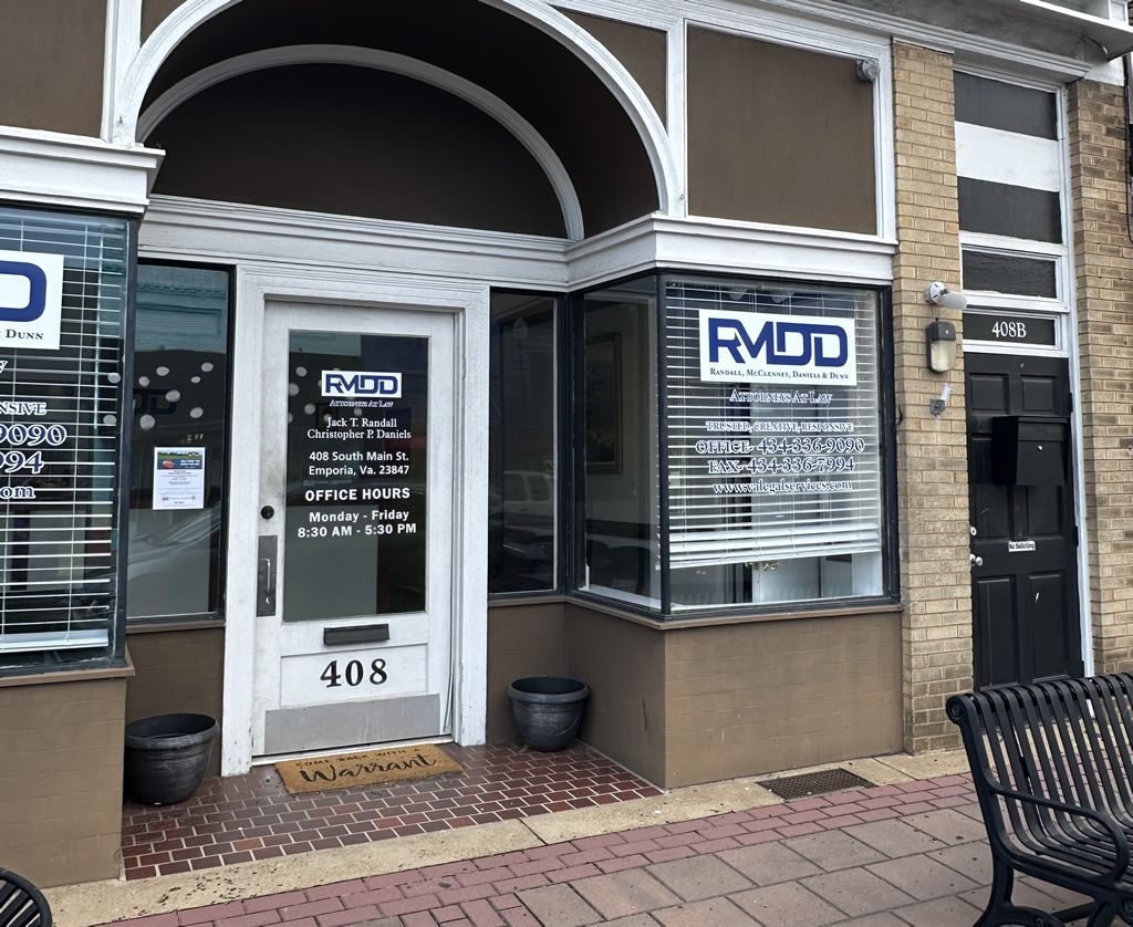 Law office entrance with RMDD signage, business hours, and contact info in Emporia, VA.