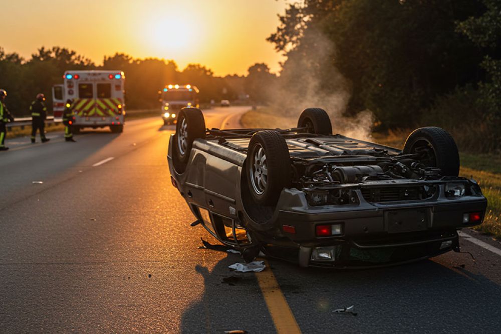 Overturned car on a highway at sunset with emergency responders and vehicles in the background.