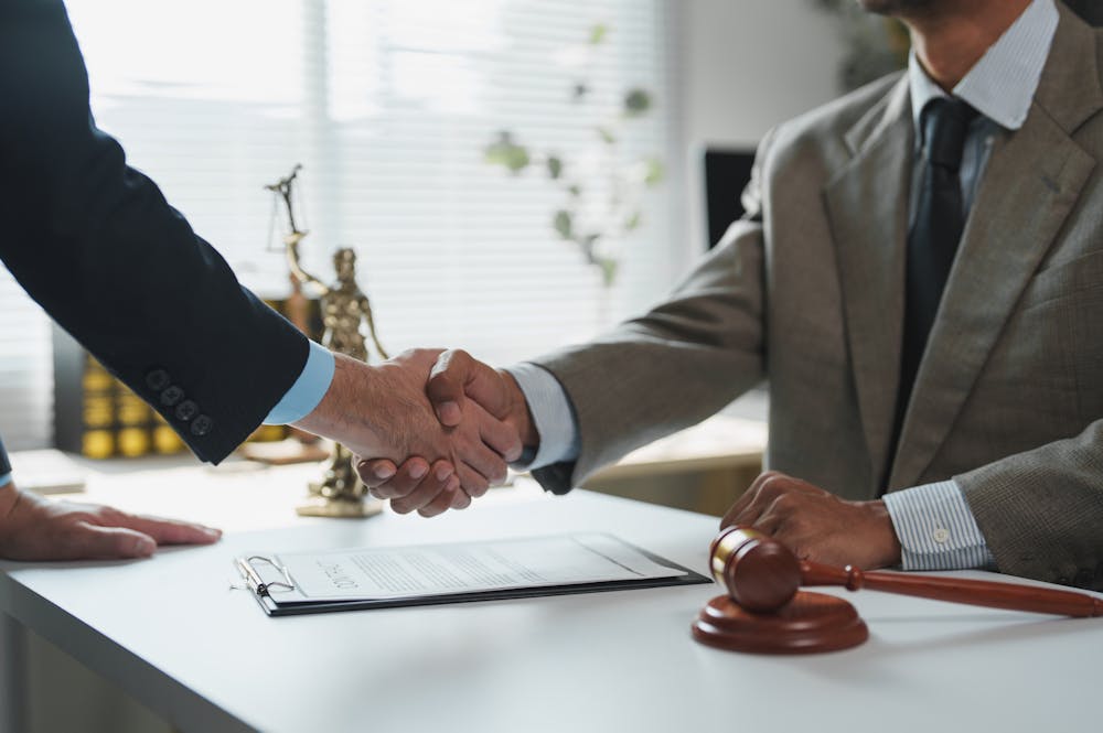 Two people are shaking hands in what appears to be a very formal setting, both are wearing a suit, shirts and ties